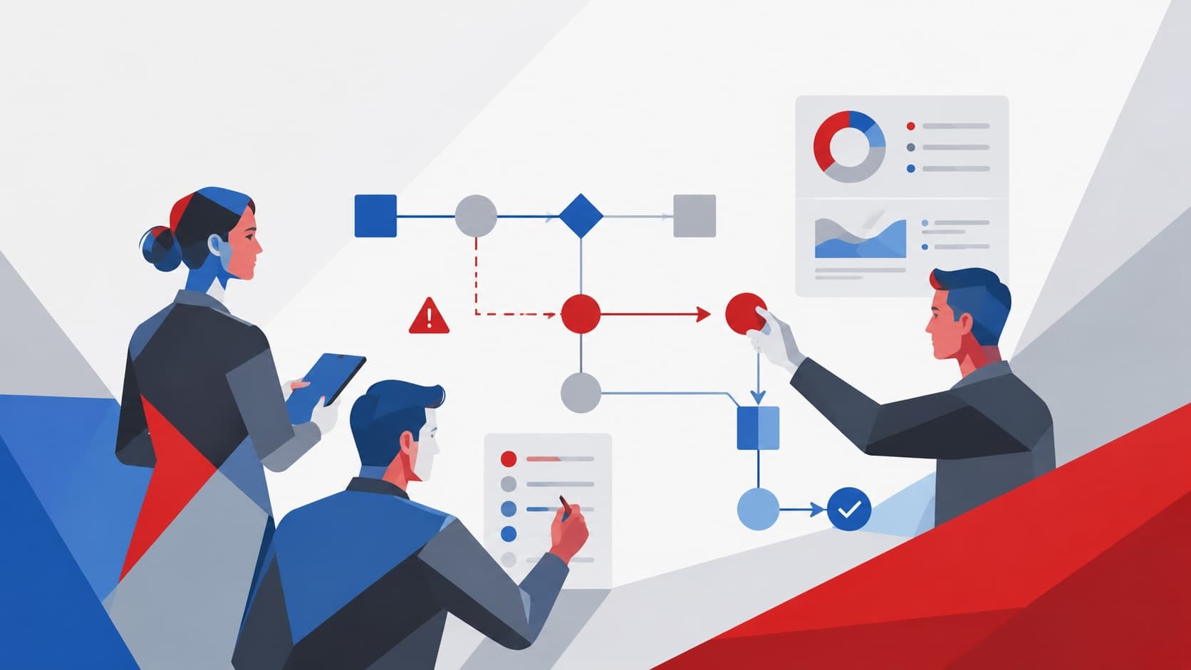 A team reviewing a workflow, tracing where it breaks and where it checks out