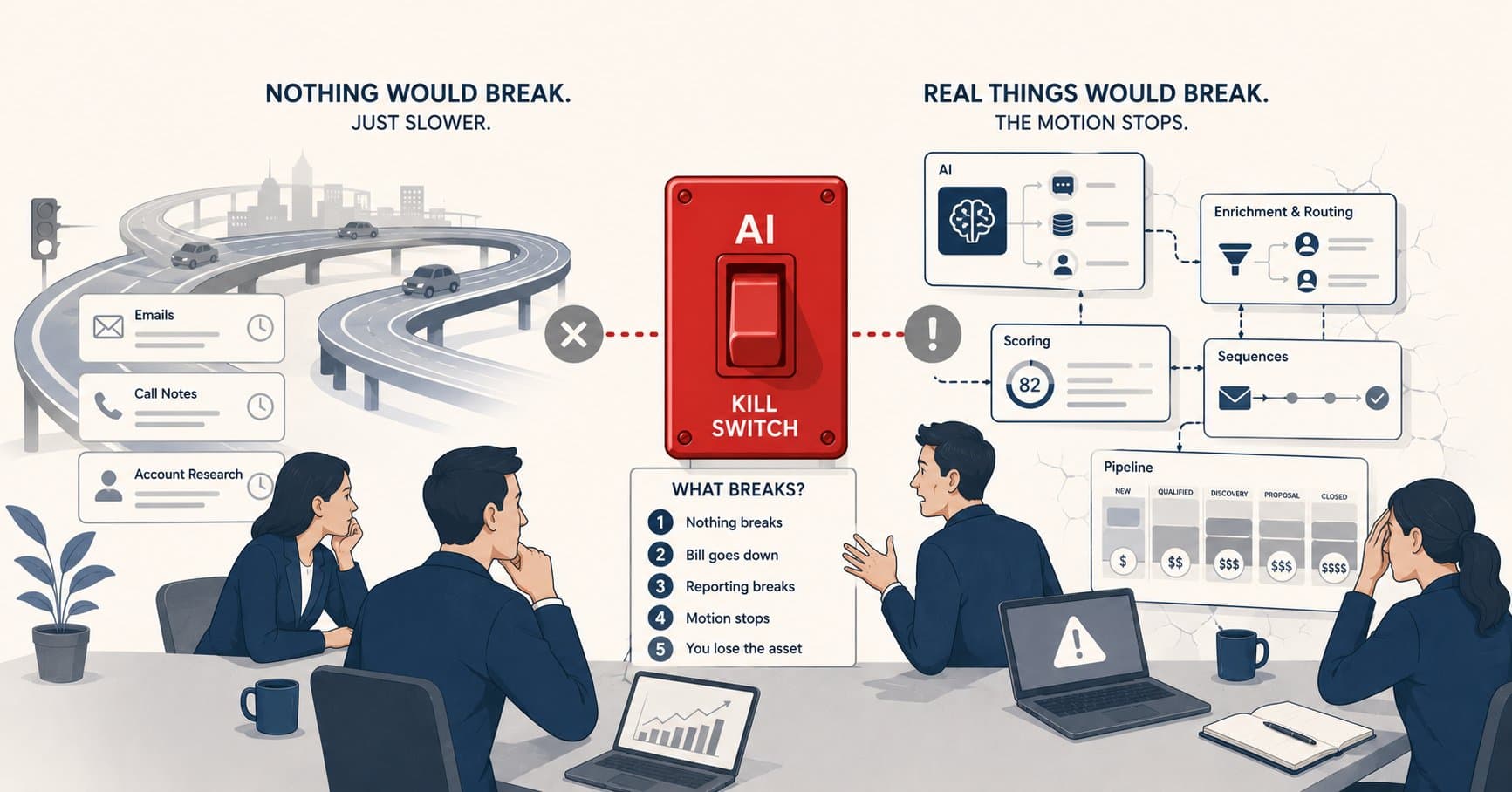 A red AI kill switch dividing a go-to-market team's workspace: on the left, work carries on along a floating highway; on the right, scoring, routing and the pipeline view crack apart.
